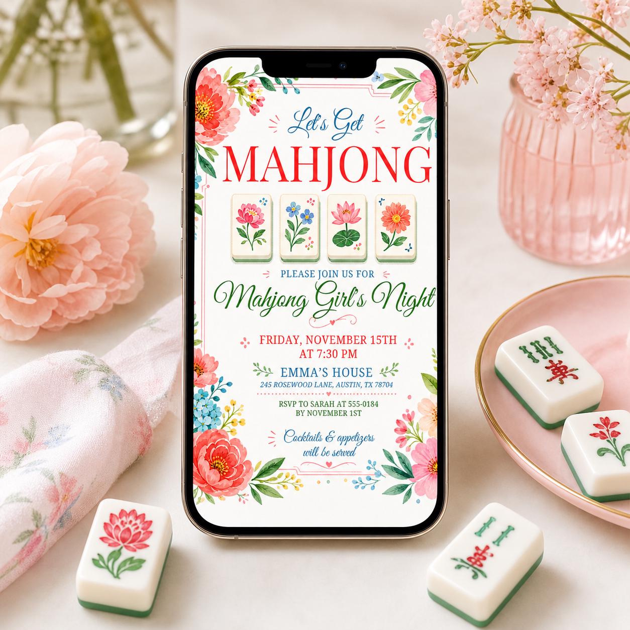 Mahjong Girls Game Night Template, Mahj Party Invite, Mahjong & Mingle, Hand Painted Watercolor, Pink and Green Stripes, Canva template __etsy:7984032068
