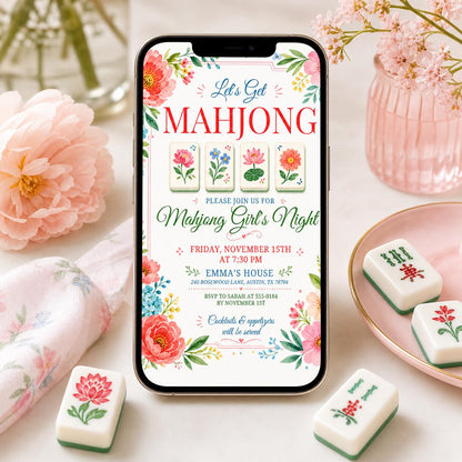 Mahjong Girls Game Night Template, Mahj Party Invite, Mahjong & Mingle, Hand Painted Watercolor, Pink and Green Stripes, Canva template __etsy:7984032068