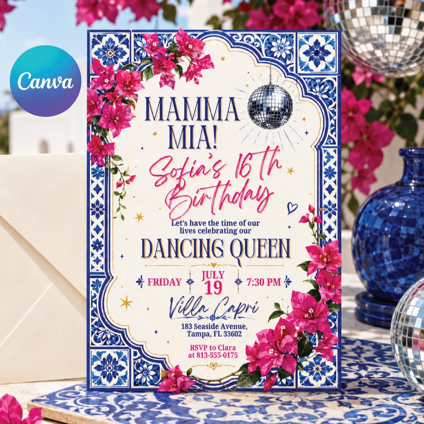 Mamma Mia Birthday Invitation Editable Canva Template, Disco Dancing Queen Party Invite, Blue Tile Italian Inspired Sweet 17 Celebration __etsy:8012374672