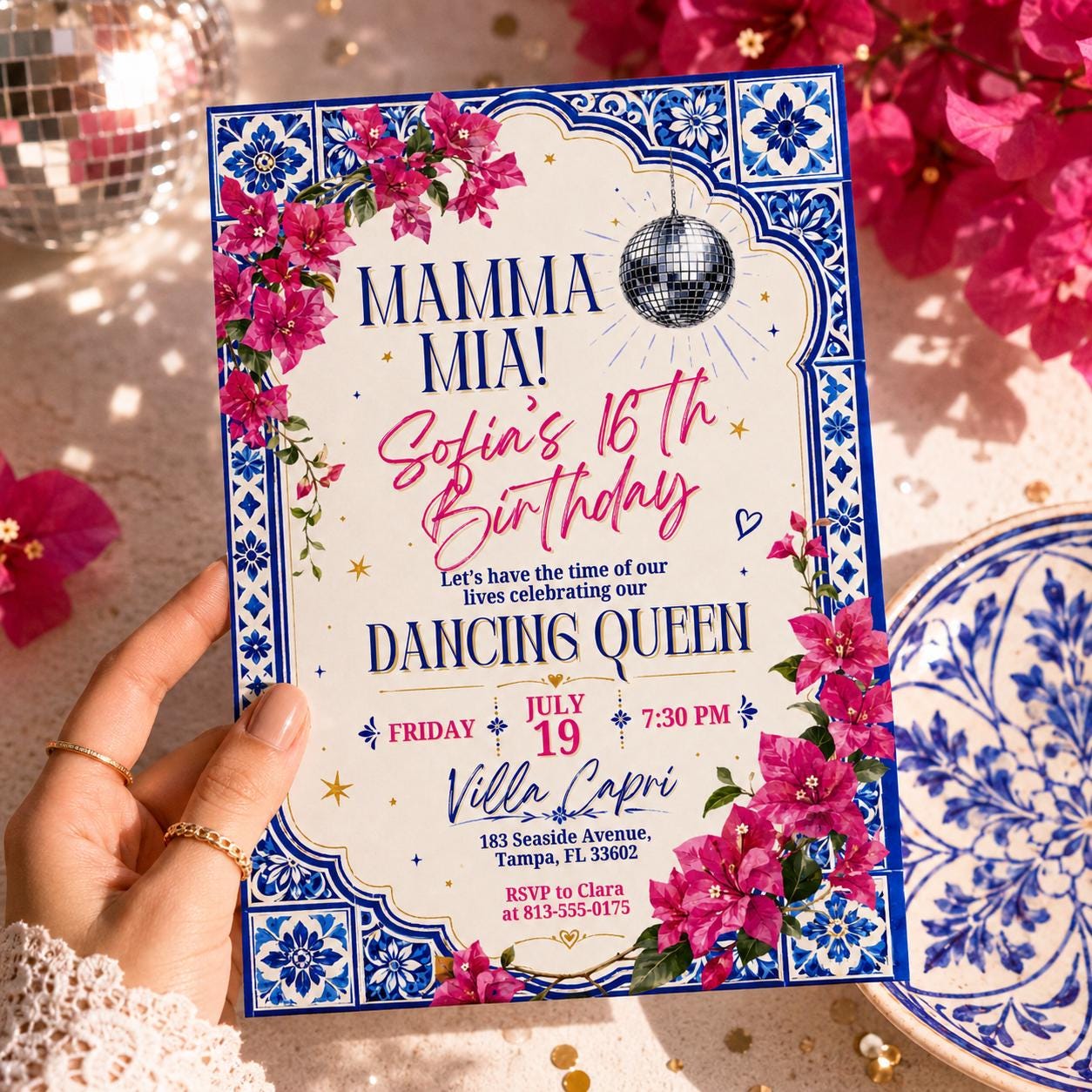 Mamma Mia Birthday Invitation Editable Canva Template, Disco Dancing Queen Party Invite, Blue Tile Italian Inspired Sweet 17 Celebration __etsy:8060281467