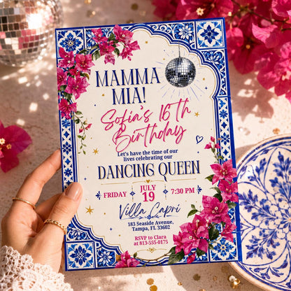 Mamma Mia Birthday Invitation Editable Canva Template, Disco Dancing Queen Party Invite, Blue Tile Italian Inspired Sweet 17 Celebration __etsy:8060281467