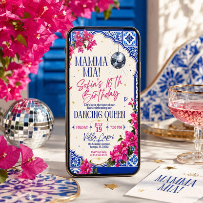 Mamma Mia Birthday Invitation Editable Canva Template, Disco Dancing Queen Party Invite, Blue Tile Italian Inspired Sweet 17 Celebration __etsy:8012371704