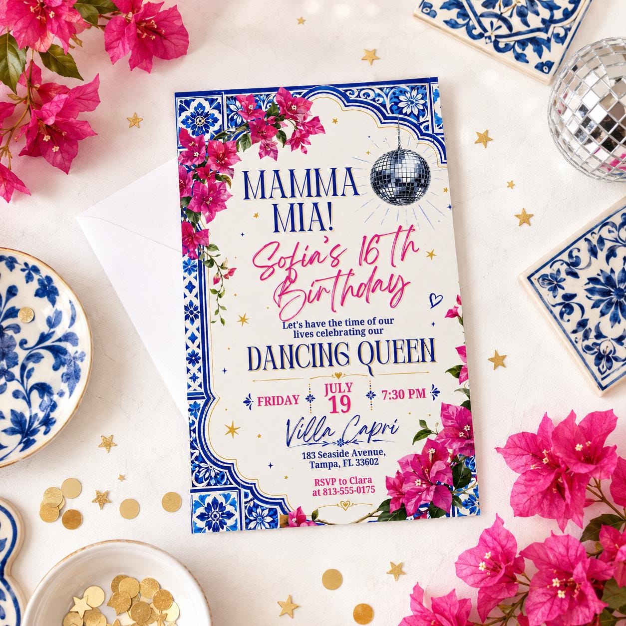 Mamma Mia Birthday Invitation Editable Canva Template, Disco Dancing Queen Party Invite, Blue Tile Italian Inspired Sweet 17 Celebration __etsy:8060281491