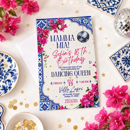 Mamma Mia Birthday Invitation Editable Canva Template, Disco Dancing Queen Party Invite, Blue Tile Italian Inspired Sweet 17 Celebration __etsy:8060281491