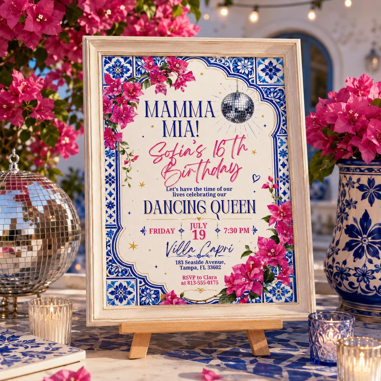 Mamma Mia Birthday Invitation Editable Canva Template, Disco Dancing Queen Party Invite, Blue Tile Italian Inspired Sweet 17 Celebration __etsy:8012371708