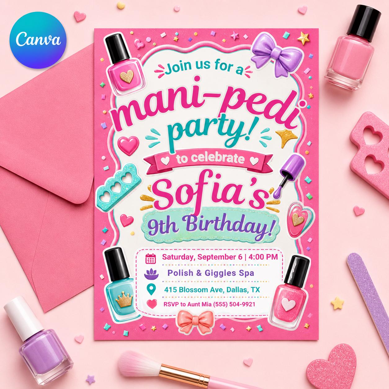 Mani Birthday Party Invitation, birthday party invite, Spa Day Birthday Party, Manicure Birthday, Nail Polish Themed Party, Canva Editable __etsy:8059353372