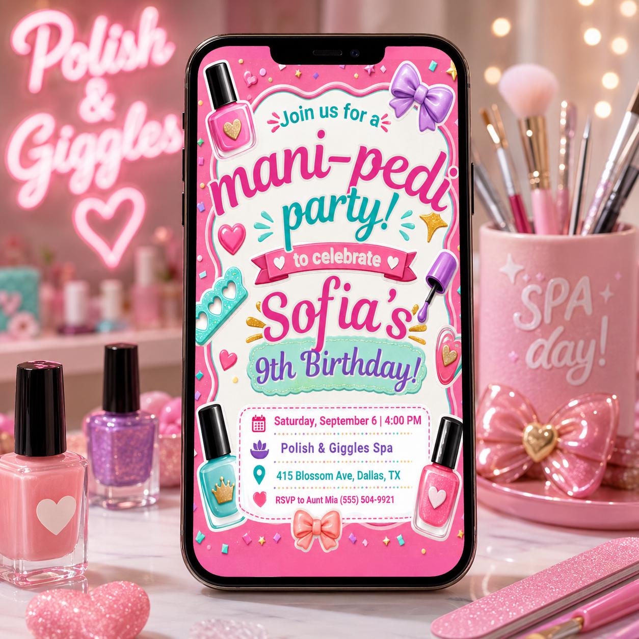 Mani Birthday Party Invitation, birthday party invite, Spa Day Birthday Party, Manicure Birthday, Nail Polish Themed Party, Canva Editable __etsy:8059353122