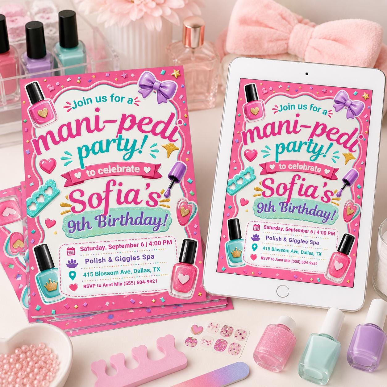 Mani Birthday Party Invitation, birthday party invite, Spa Day Birthday Party, Manicure Birthday, Nail Polish Themed Party, Canva Editable __etsy:8107266445