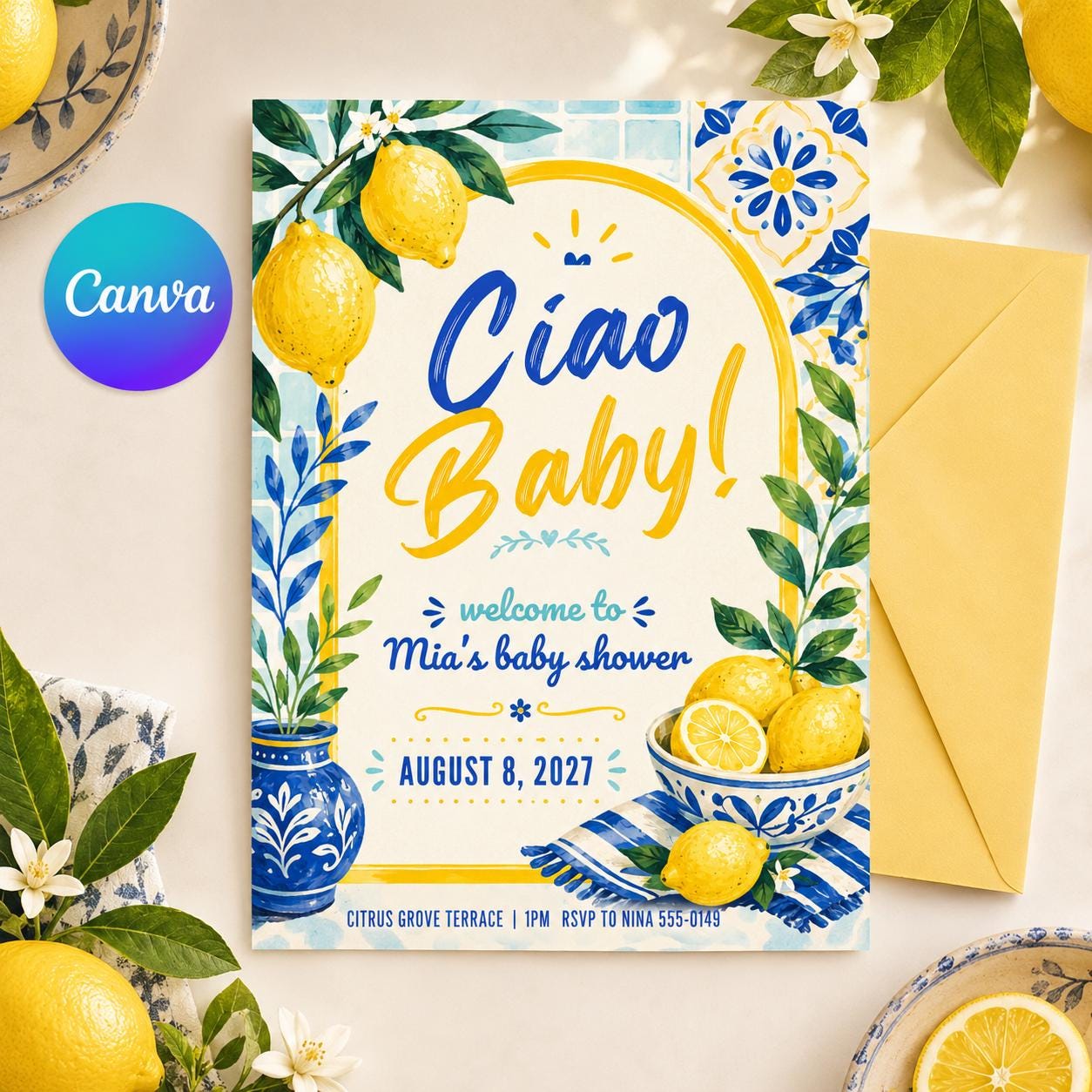 Mediterranean Lemon Baby Shower Invitation, Amalfi Coast Italian Citrus Shower Invite | Coastal Blue Tiles, Ciao Baby, Canva Template __etsy:8072092626