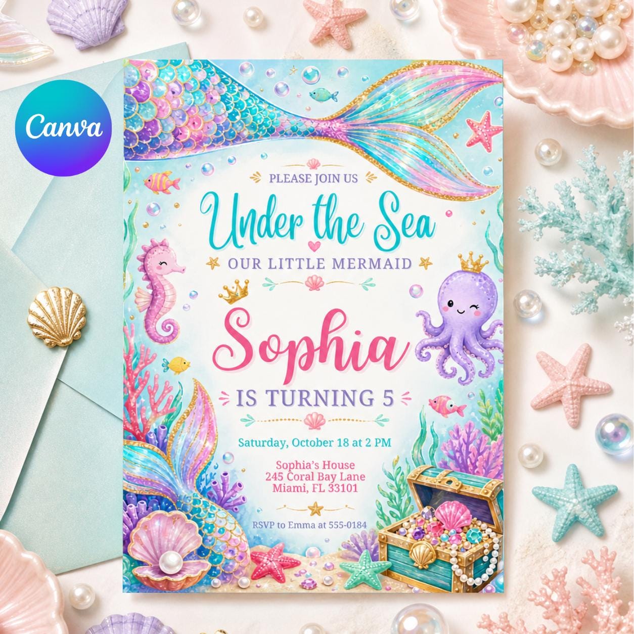 Mermaid Birthday Invitation Girl | Watercolor Mermaid Party Invite | Under the Sea Birthday | Pink Purple Mermaid | Editable Canva Printable __etsy:8035919649
