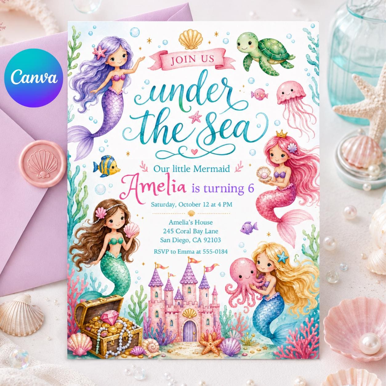 Mermaid Birthday Invitation Girl | Watercolor Mermaid Party Invite | Under the Sea Birthday | Pink Purple Mermaid | Editable Canva Printable __etsy:8035981155