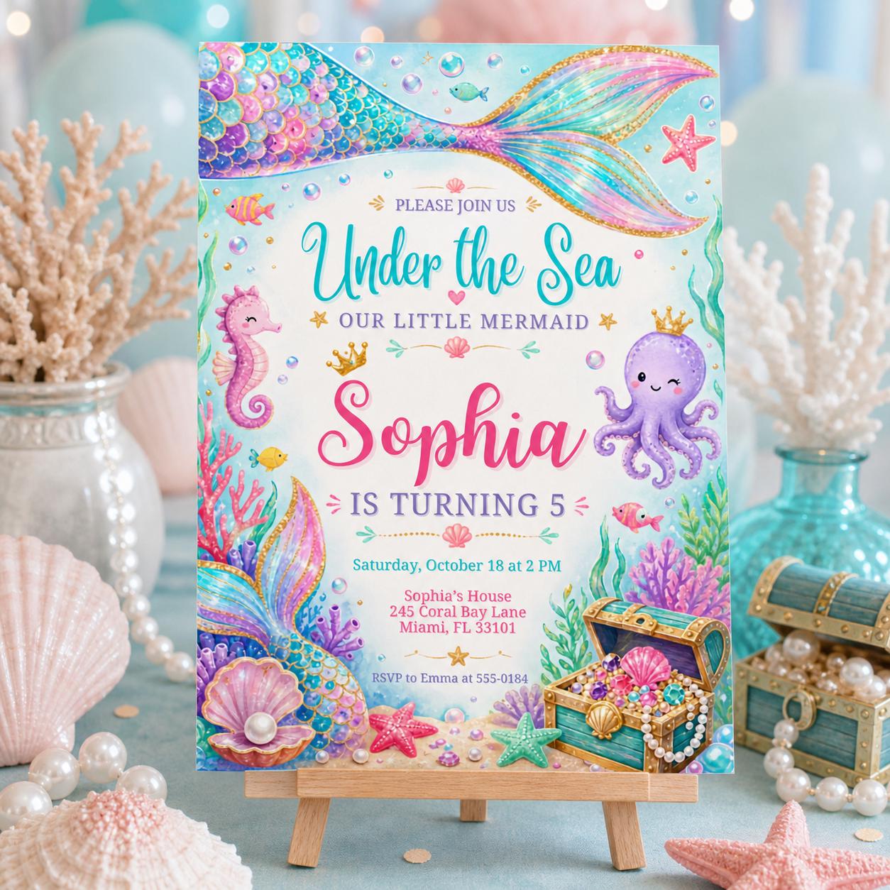 Mermaid Birthday Invitation Girl | Watercolor Mermaid Party Invite | Under the Sea Birthday | Pink Purple Mermaid | Editable Canva Printable __etsy:8031936675