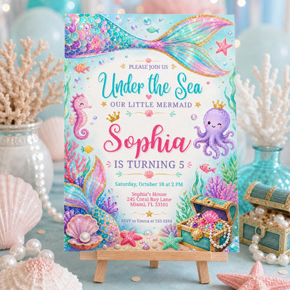 Mermaid Birthday Invitation Girl | Watercolor Mermaid Party Invite | Under the Sea Birthday | Pink Purple Mermaid | Editable Canva Printable __etsy:8031936675