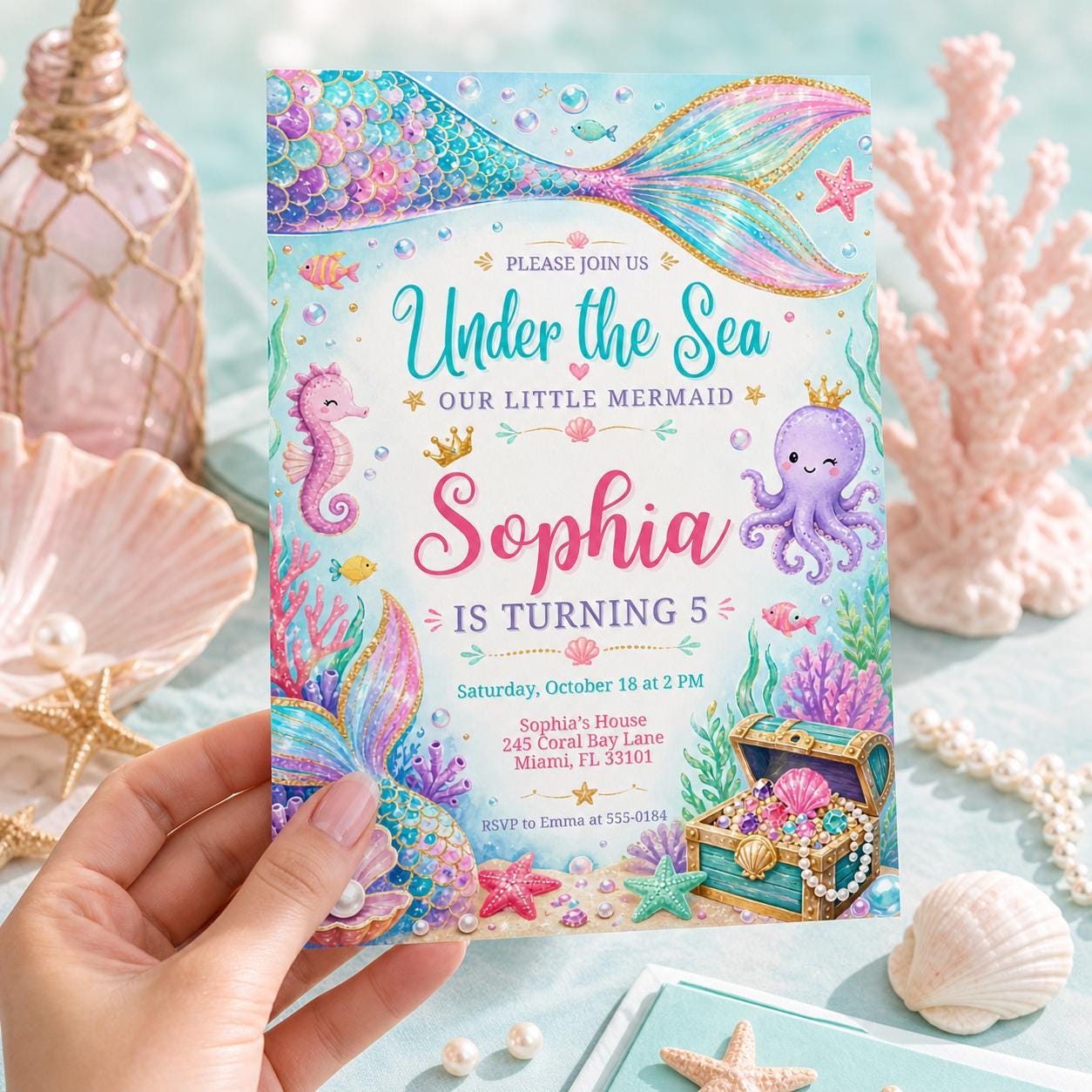 Mermaid Birthday Invitation Girl | Watercolor Mermaid Party Invite | Under the Sea Birthday | Pink Purple Mermaid | Editable Canva Printable __etsy:7983992068