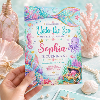 Mermaid Birthday Invitation Girl | Watercolor Mermaid Party Invite | Under the Sea Birthday | Pink Purple Mermaid | Editable Canva Printable __etsy:7983992068