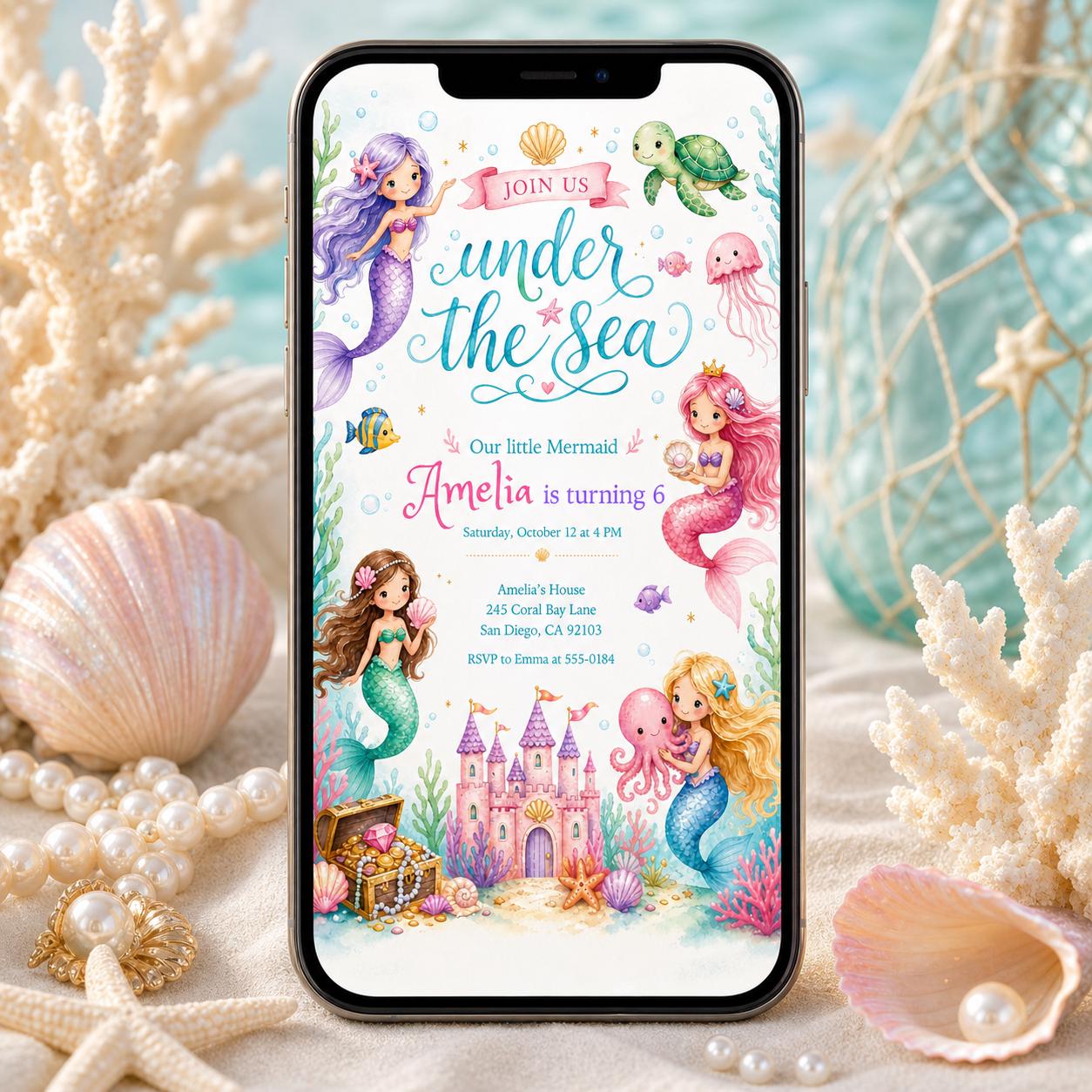 Mermaid Birthday Invitation Girl | Watercolor Mermaid Party Invite | Under the Sea Birthday | Pink Purple Mermaid | Editable Canva Printable __etsy:8031967295