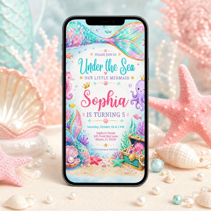 Mermaid Birthday Invitation Girl | Watercolor Mermaid Party Invite | Under the Sea Birthday | Pink Purple Mermaid | Editable Canva Printable __etsy:8031932367