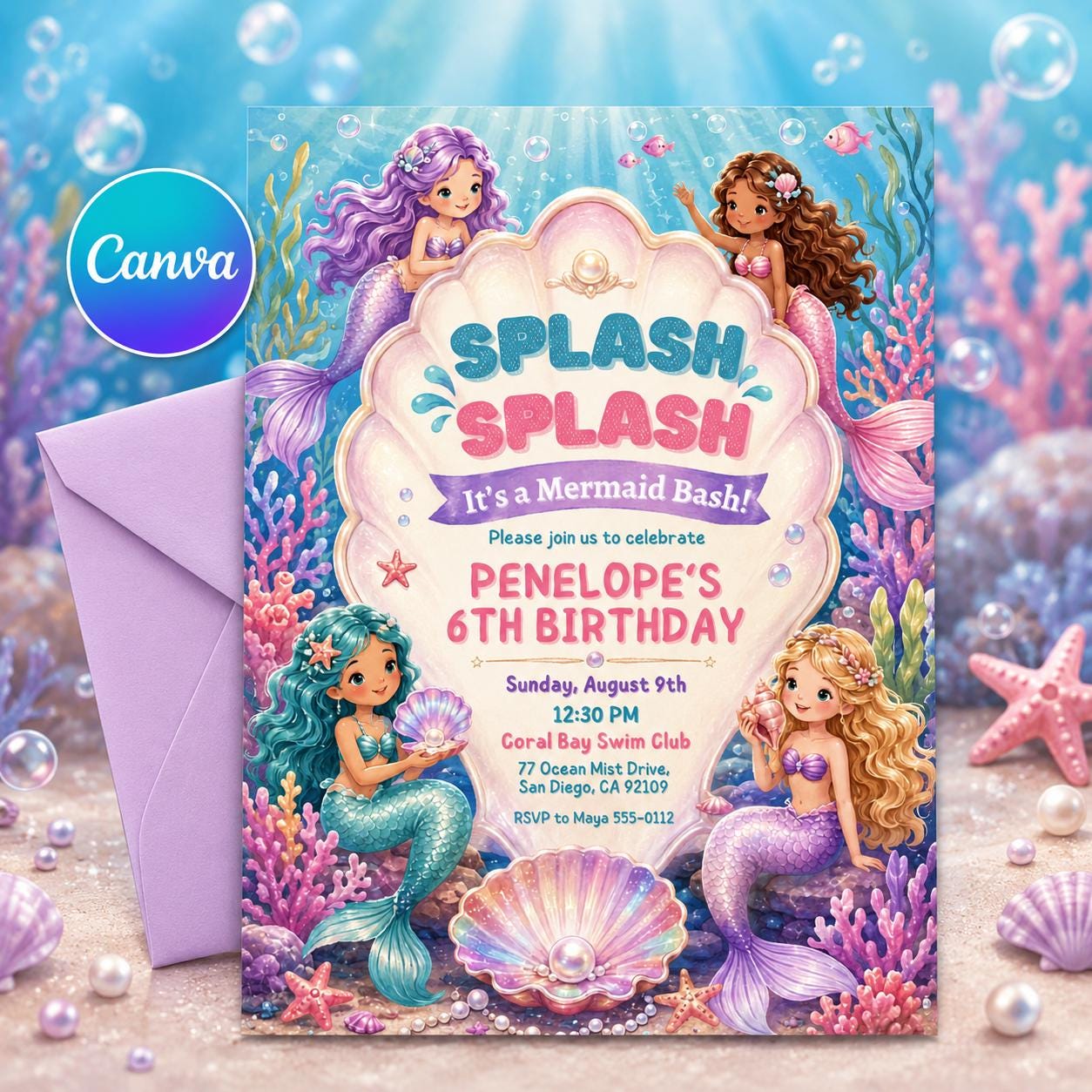 Mermaid Birthday Invitation, Splash Bash Summer Birthday, Water Slide Pool Party Invite, Pink Girly Summer Birthday, Editable Canva Template __etsy:8120421923