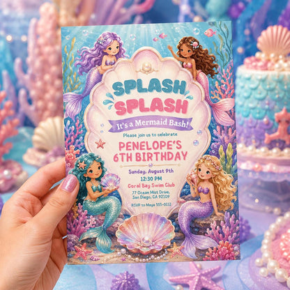 Mermaid Birthday Invitation, Splash Bash Summer Birthday, Water Slide Pool Party Invite, Pink Girly Summer Birthday, Editable Canva Template __etsy:8120421779