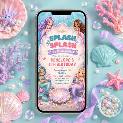 Mermaid Birthday Invitation, Splash Bash Summer Birthday, Water Slide Pool Party Invite, Pink Girly Summer Birthday, Editable Canva Template __etsy:8072501054