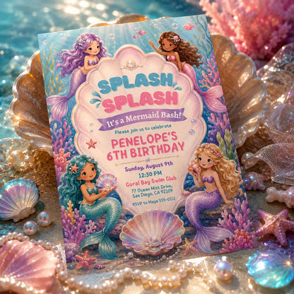 Mermaid Birthday Invitation, Splash Bash Summer Birthday, Water Slide Pool Party Invite, Pink Girly Summer Birthday, Editable Canva Template __etsy:8120421925