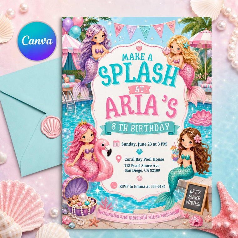 Pink Mermaid Birthday Invitation: Splish Splash Party