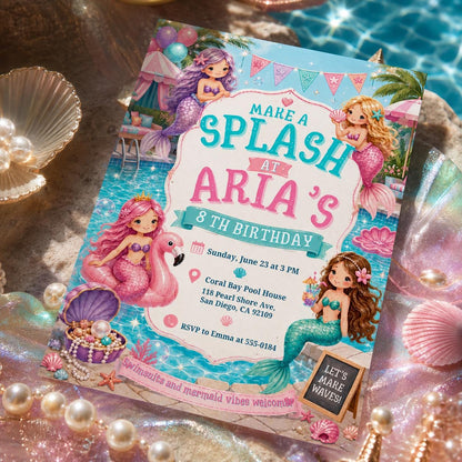 Mermaid Birthday Invitation Template: Splish Splash Party, Mermaid Birthday Invitation Under the Sea Birthday Invite, Canva Template __etsy:8094882479
