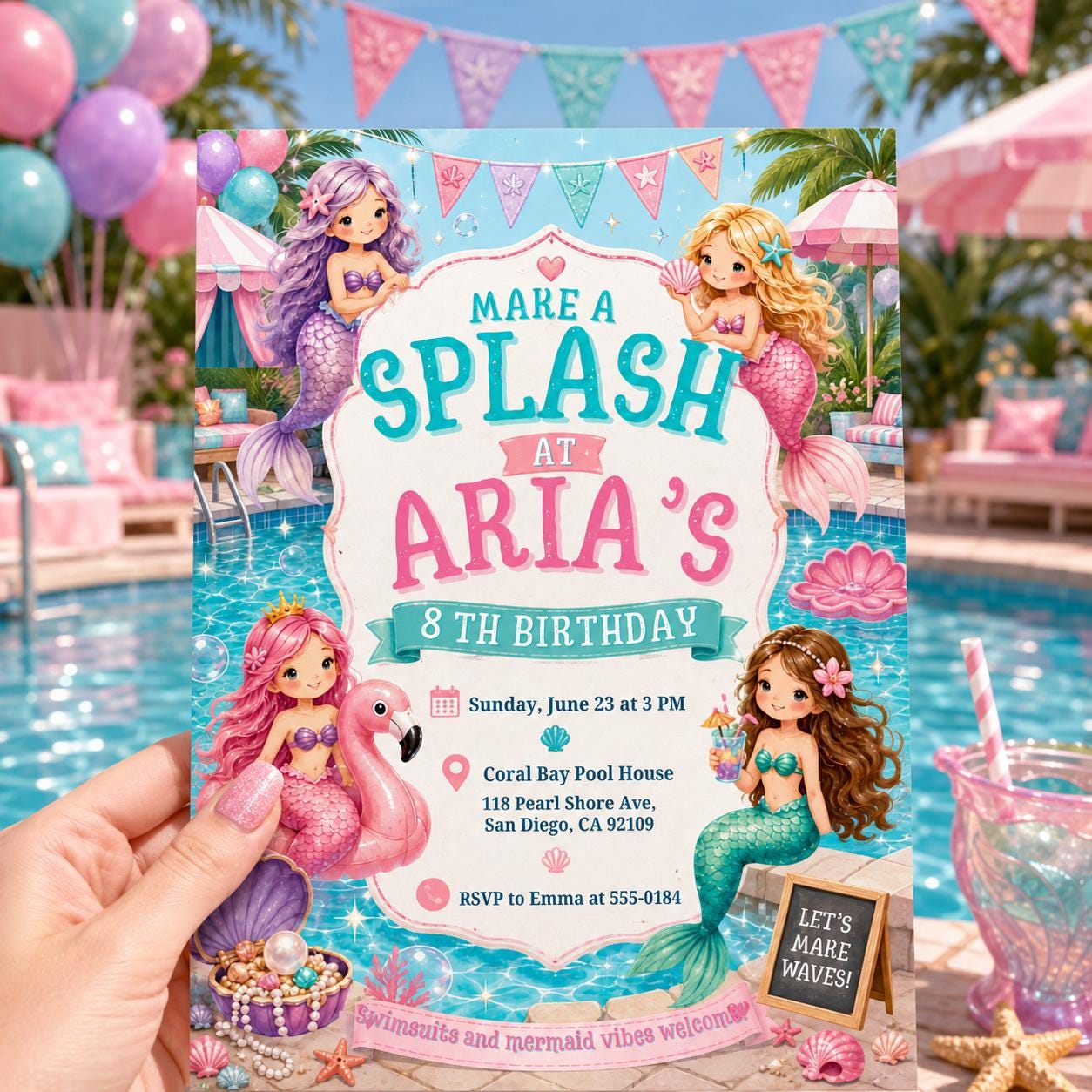 Mermaid Birthday Invitation Template: Splish Splash Party, Mermaid Birthday Invitation Under the Sea Birthday Invite, Canva Template __etsy:8046973798