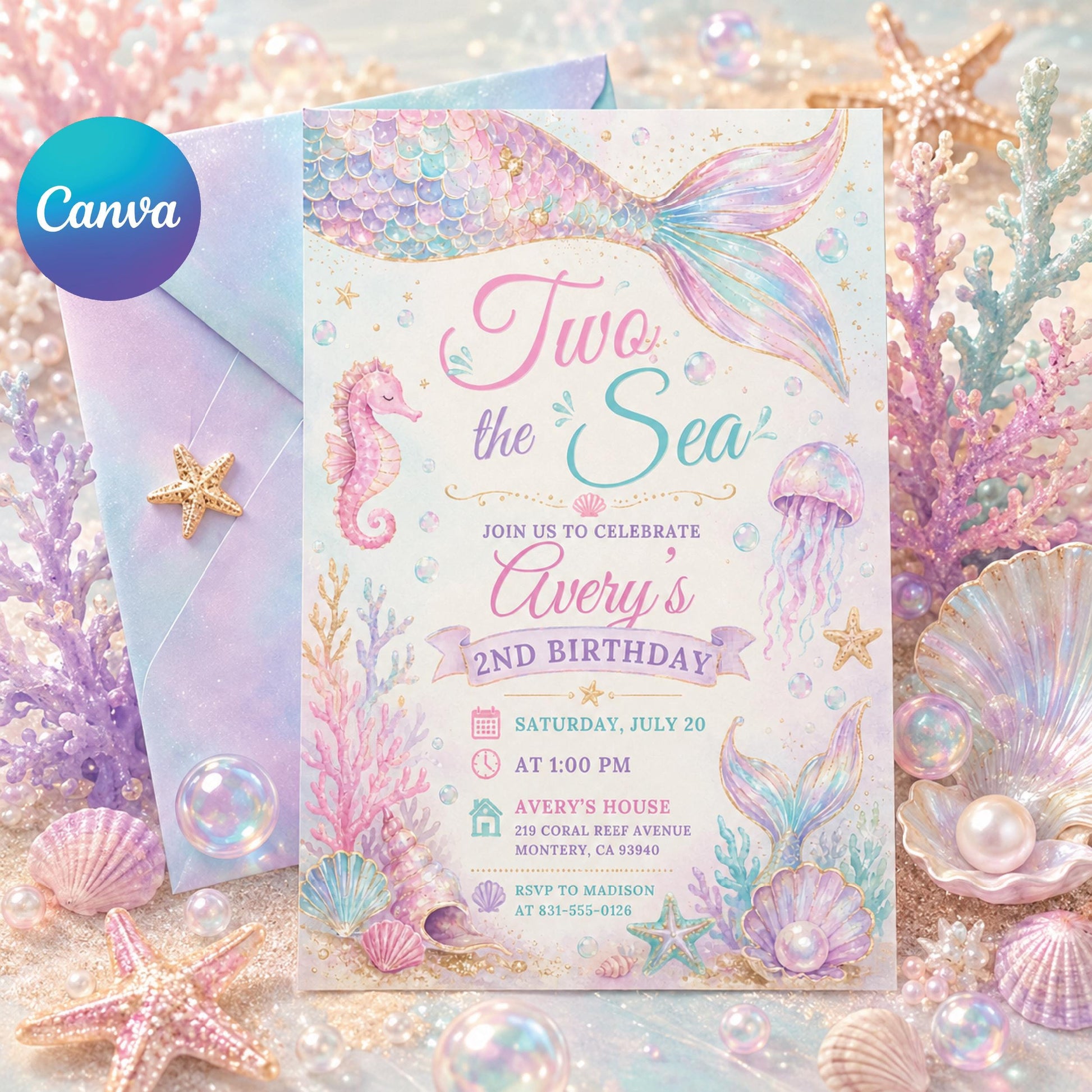 Mermaid Birthday Invitation, Two the Sea Birthday Invitation, Editable Mermaid 2nd Birthday Invite,Pink Girls Birthday Party. Canva Template __etsy:8012170580
