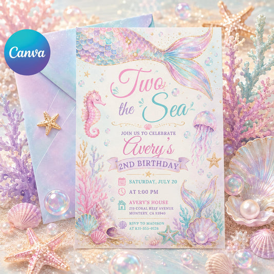 Mermaid Birthday Invitation, Two the Sea Birthday Invitation, Editable Mermaid 2nd Birthday Invite,Pink Girls Birthday Party. Canva Template __etsy:8012170580