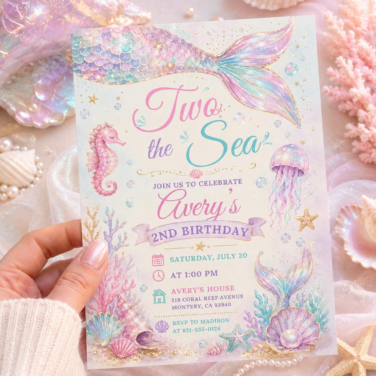Mermaid Birthday Invitation, Two the Sea Birthday Invitation, Editable Mermaid 2nd Birthday Invite,Pink Girls Birthday Party. Canva Template __etsy:8012160982