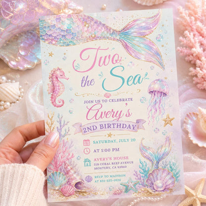 Mermaid Birthday Invitation, Two the Sea Birthday Invitation, Editable Mermaid 2nd Birthday Invite,Pink Girls Birthday Party. Canva Template __etsy:8012160982