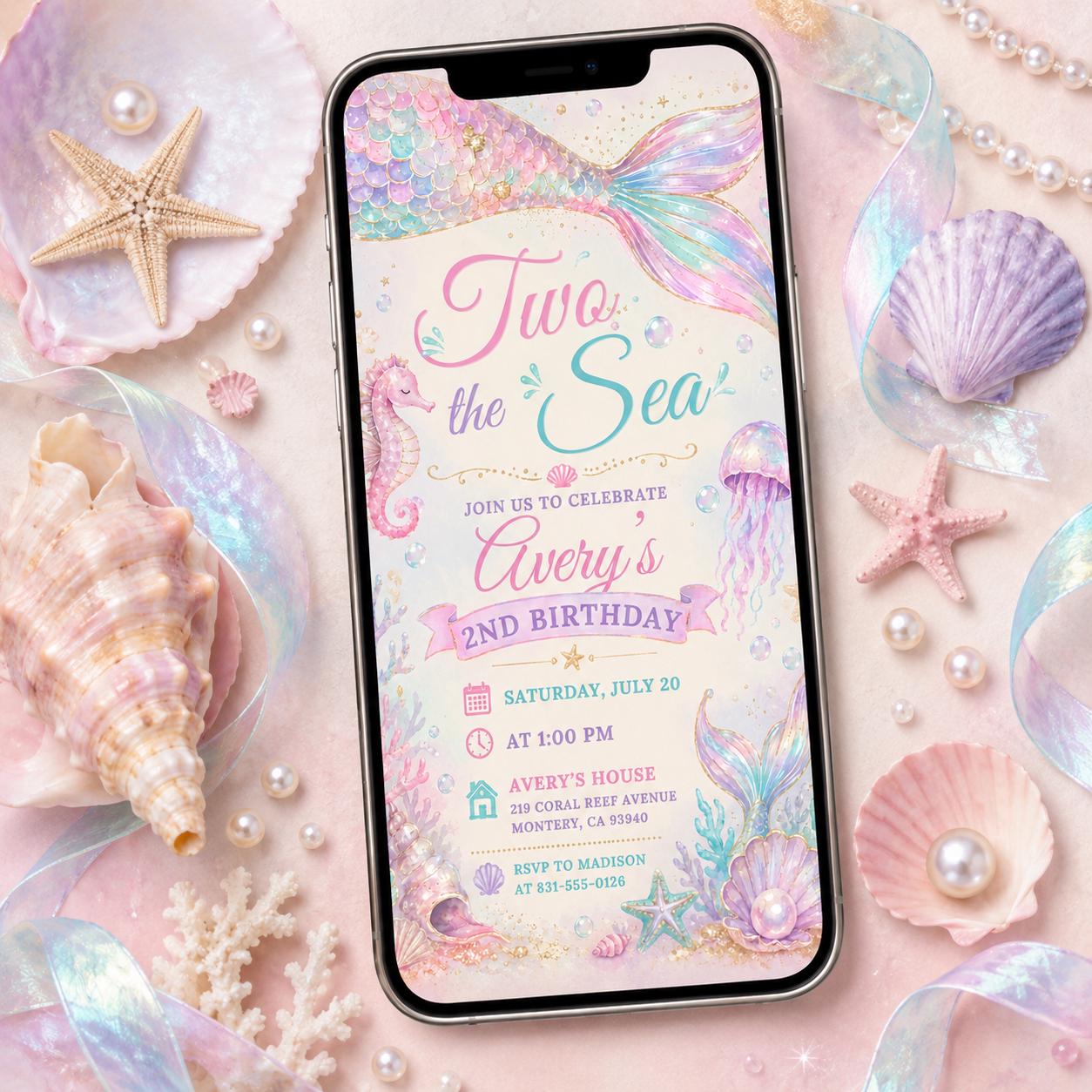 Mermaid Birthday Invitation, Two the Sea Birthday Invitation, Editable Mermaid 2nd Birthday Invite,Pink Girls Birthday Party. Canva Template __etsy:8060071971