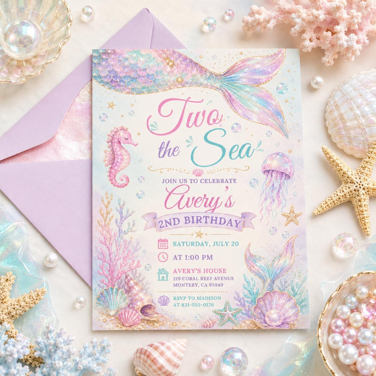 Mermaid Birthday Invitation, Two the Sea Birthday Invitation, Editable Mermaid 2nd Birthday Invite,Pink Girls Birthday Party. Canva Template __etsy:8012161016