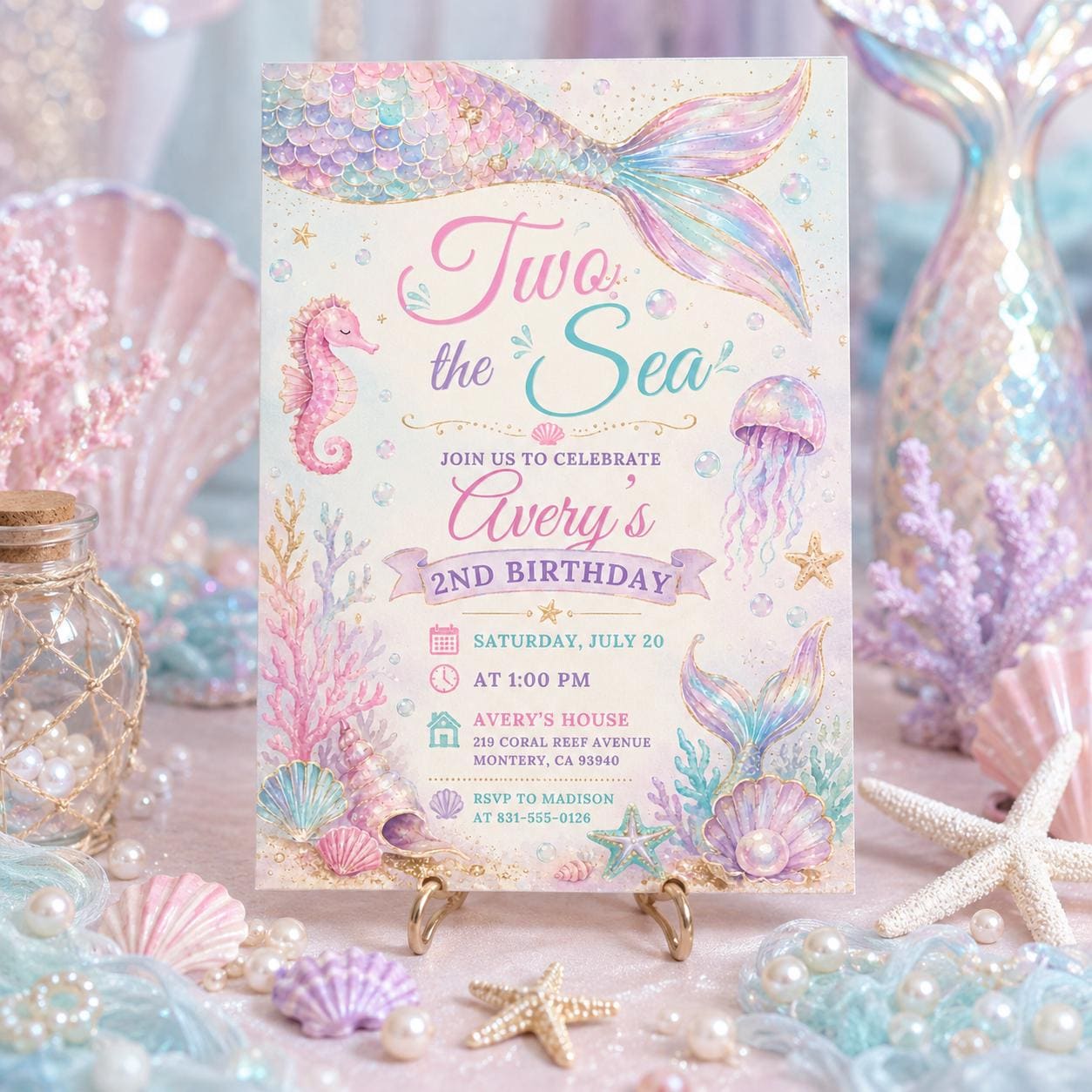 Mermaid Birthday Invitation, Two the Sea Birthday Invitation, Editable Mermaid 2nd Birthday Invite,Pink Girls Birthday Party. Canva Template __etsy:8060071989