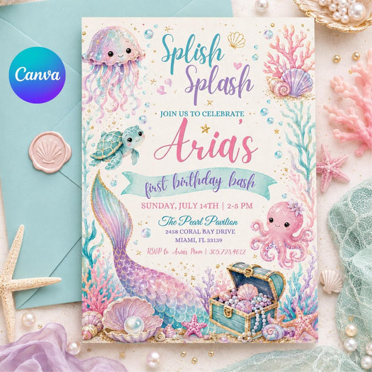 Mermaid First Birthday Invitation, Splish Splash Party,  Mermaid Birthday Invitation Under the Sea Birthday Invite Splish Splash Girl Pink __etsy:7995667880