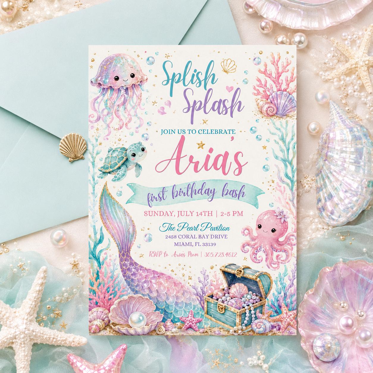 Mermaid First Birthday Invitation, Splish Splash Party,  Mermaid Birthday Invitation Under the Sea Birthday Invite Splish Splash Girl Pink __etsy:7995667926