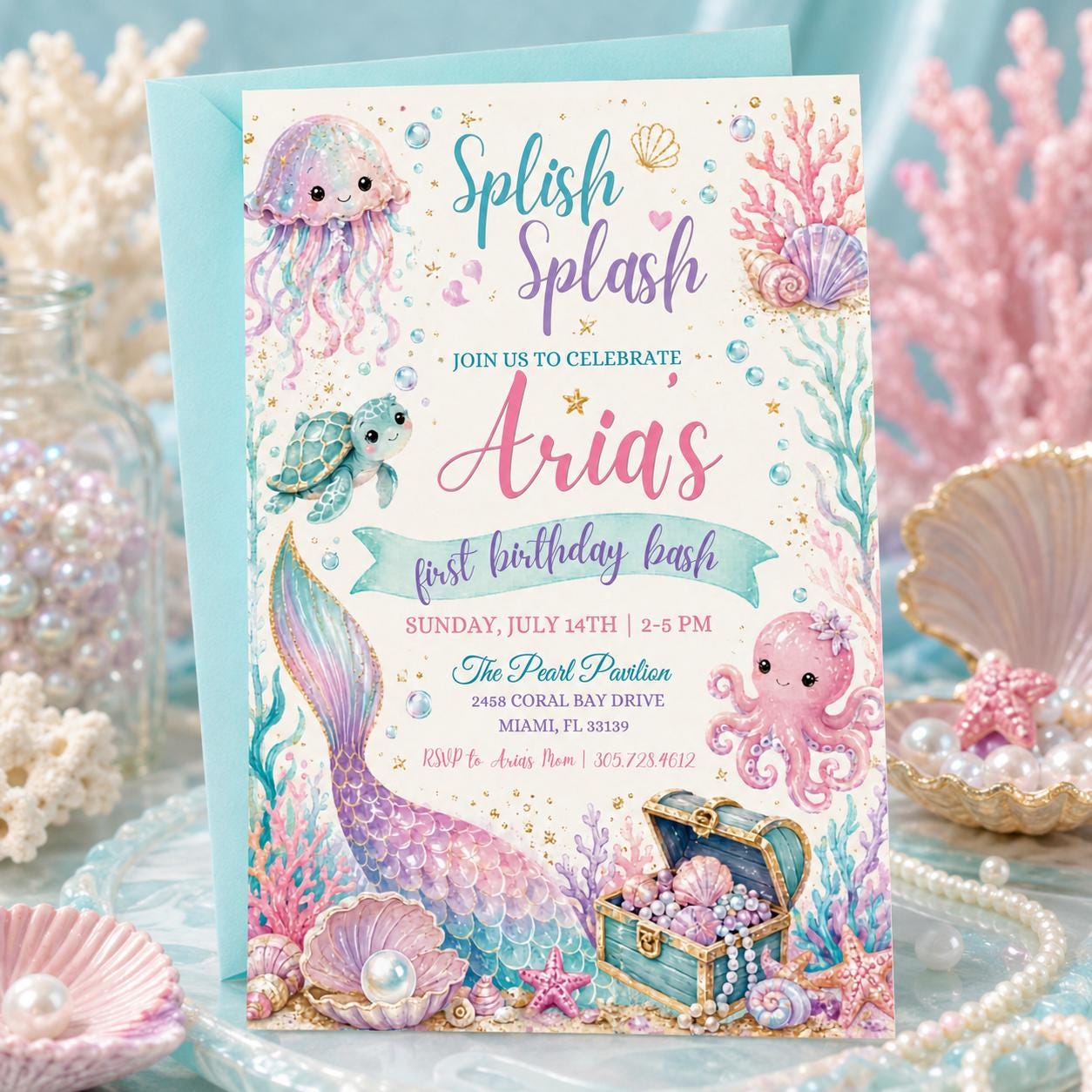 Mermaid First Birthday Invitation, Splish Splash Party,  Mermaid Birthday Invitation Under the Sea Birthday Invite Splish Splash Girl Pink __etsy:8043600015