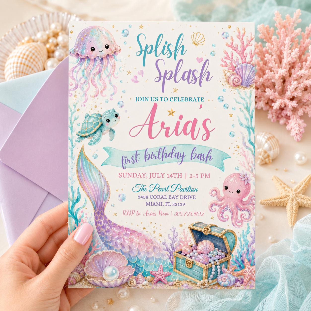 Mermaid First Birthday Invitation, Splish Splash Party,  Mermaid Birthday Invitation Under the Sea Birthday Invite Splish Splash Girl Pink __etsy:7995668086