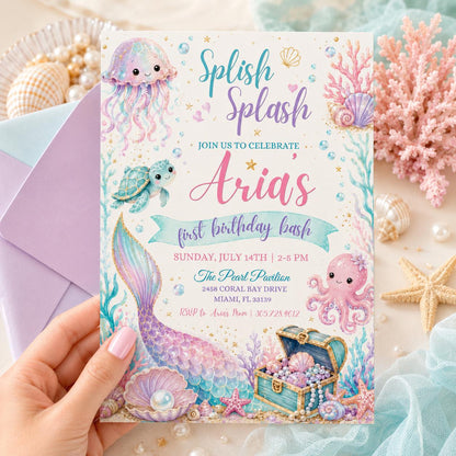 Mermaid First Birthday Invitation, Splish Splash Party,  Mermaid Birthday Invitation Under the Sea Birthday Invite Splish Splash Girl Pink __etsy:7995668086