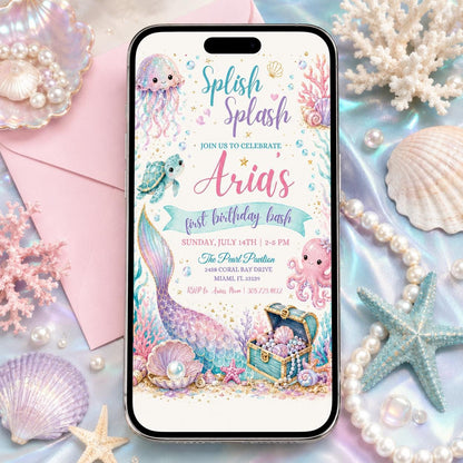 Mermaid First Birthday Invitation, Splish Splash Party,  Mermaid Birthday Invitation Under the Sea Birthday Invite Splish Splash Girl Pink __etsy:7995668112