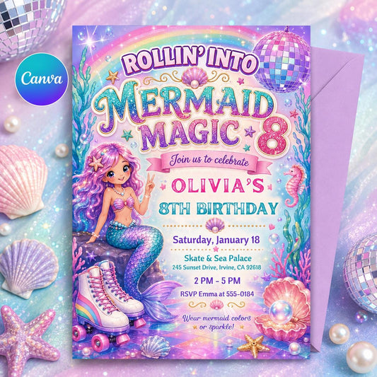 Mermaid Magic Birthday Invitation, Mermaid Birthday Invitation Girl, Watercolor Mermaid Party Invite, Pink Purple Mermaid, Canva Printable __etsy:8095015945