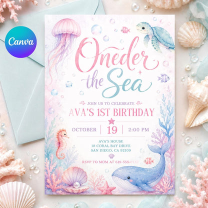 Mermaid 1st Birthday Invitation, One-der the Sea Invite Nautical Baby is on the Way Printable, Editable Summer Ocean Party Invitation, Canva __etsy:8008587268