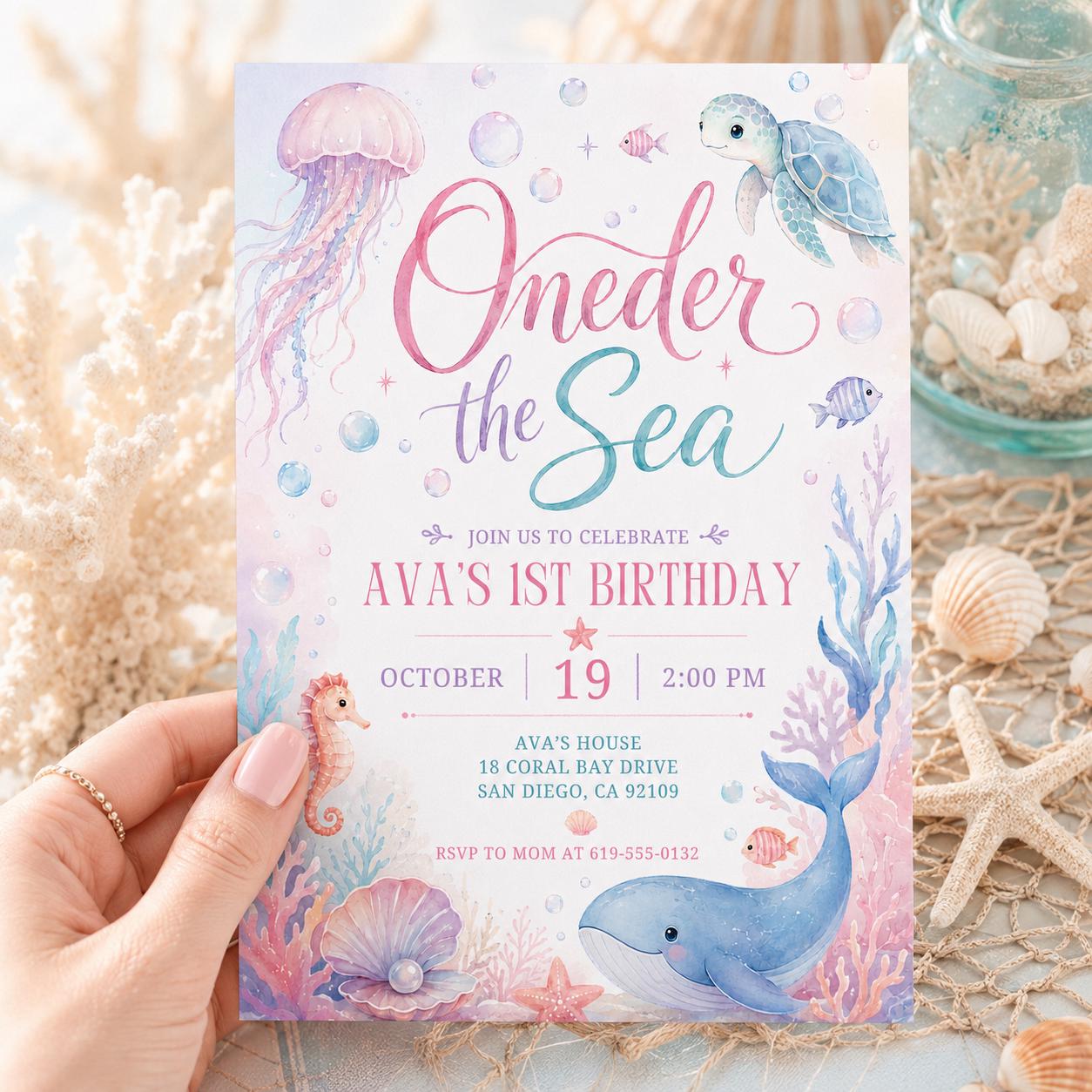 Mermaid 1st Birthday Invitation, One-der the Sea Invite Nautical Baby is on the Way Printable, Editable Summer Ocean Party Invitation, Canva __etsy:8008566214