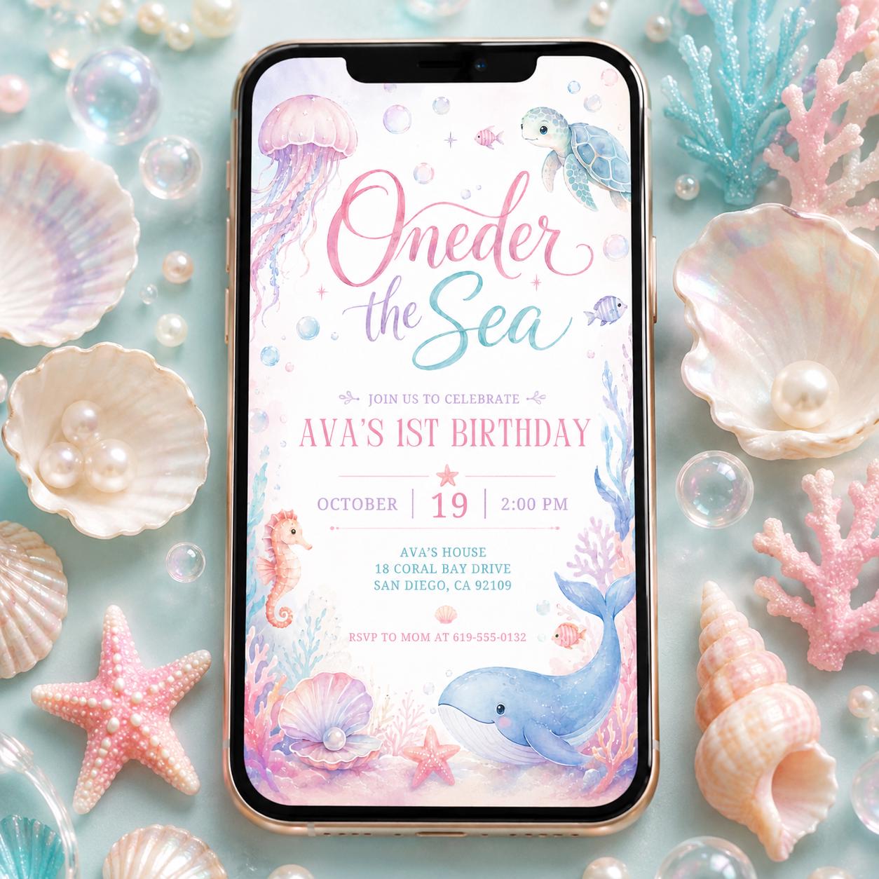 Mermaid 1st Birthday Invitation, One-der the Sea Invite Nautical Baby is on the Way Printable, Editable Summer Ocean Party Invitation, Canva __etsy:8008566634