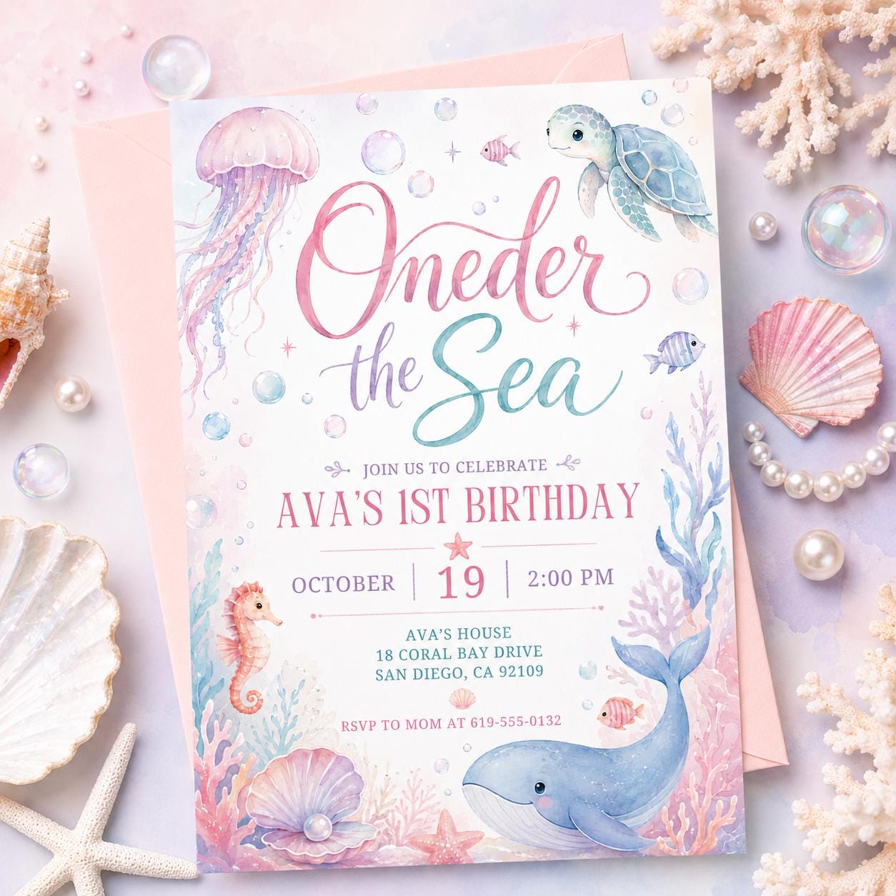 Mermaid 1st Birthday Invitation, One-der the Sea Invite Nautical Baby is on the Way Printable, Editable Summer Ocean Party Invitation, Canva __etsy:8056484479