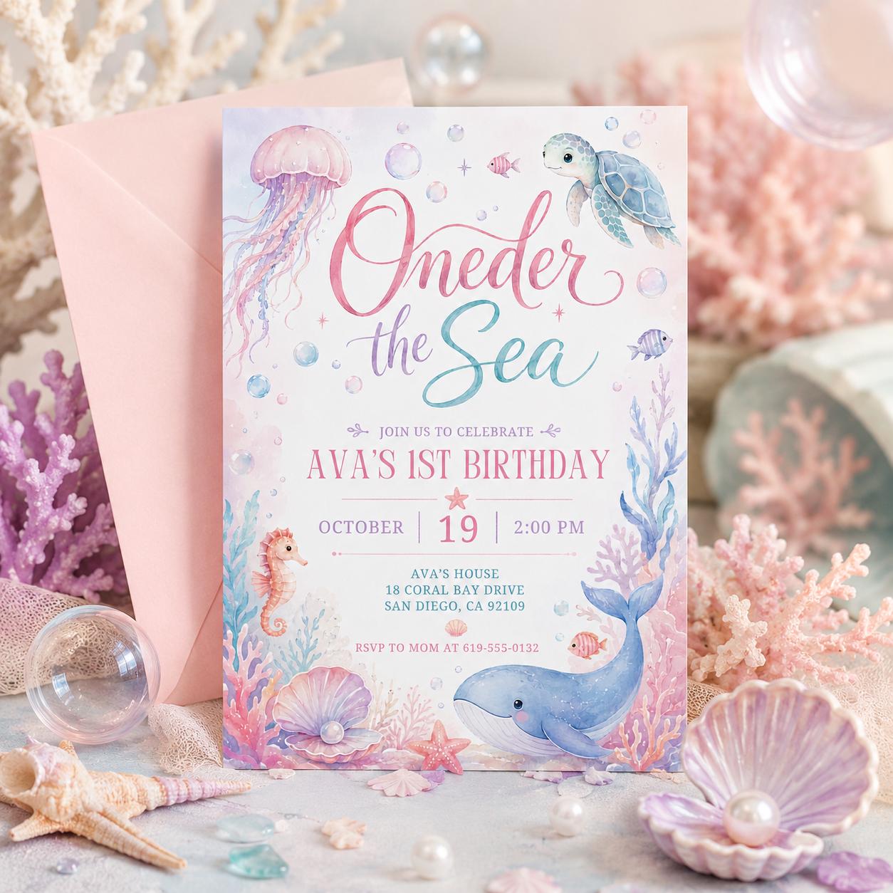 Mermaid 1st Birthday Invitation, One-der the Sea Invite Nautical Baby is on the Way Printable, Editable Summer Ocean Party Invitation, Canva __etsy:8008566992