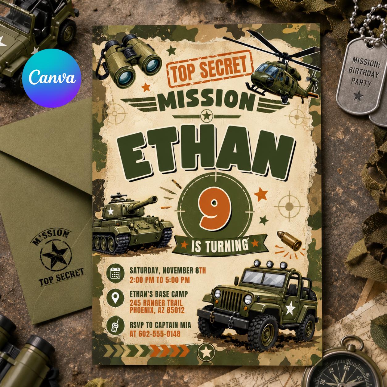 Military Theme Birthday Invitation, Camo Invite, Army Theme Invitation, Top Secret Mission Party, Editable Canva Template __etsy:8008898172