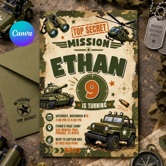 Military Theme Birthday Invitation, Camo Invite, Army Theme Invitation, Top Secret Mission Party, Editable Canva Template __etsy:8008898172