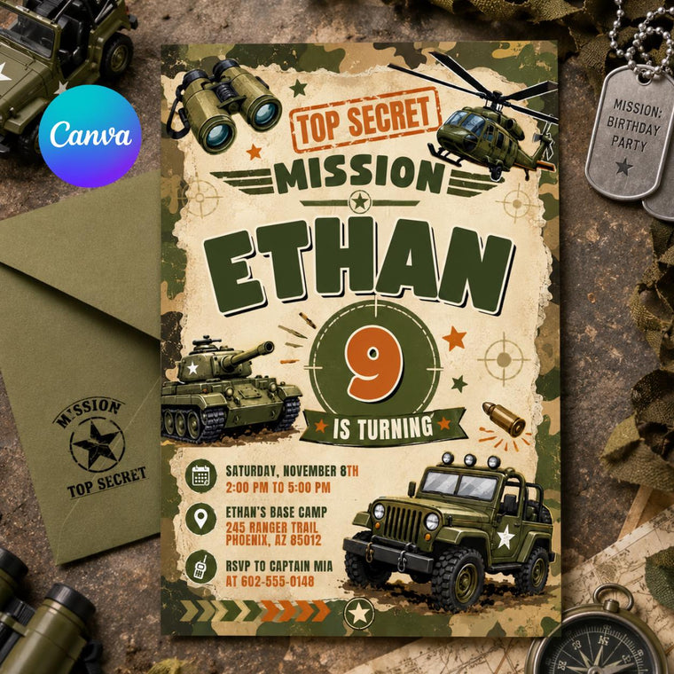 Top Secret Army Mission 9th Birthday Invitation